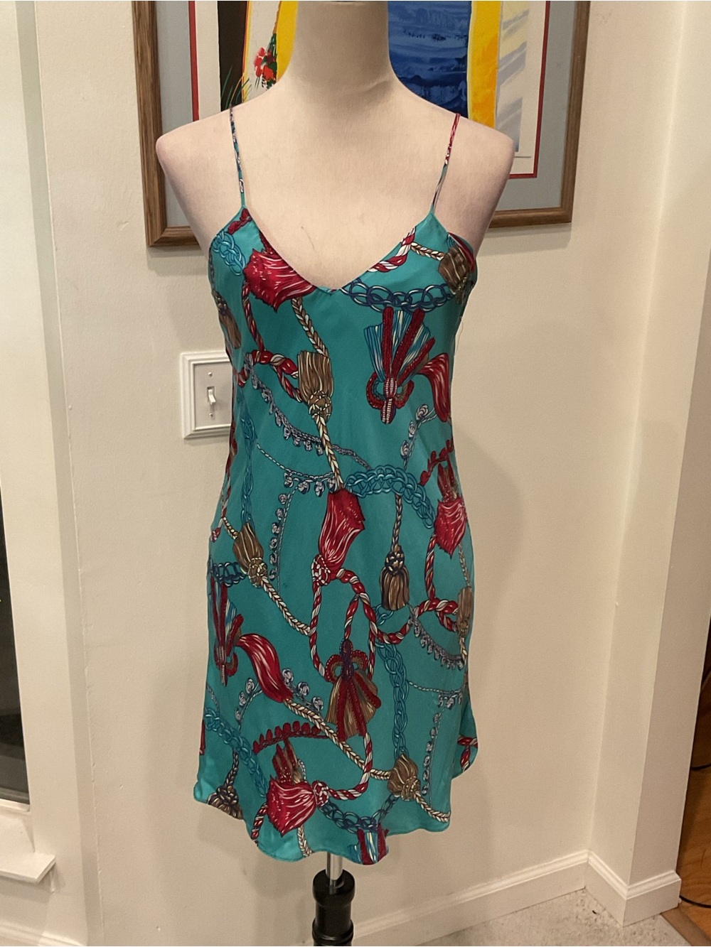Vintage Gold Label Victoria's Secret Teal Slip Dress with Chain Print - Picture 1 of 6